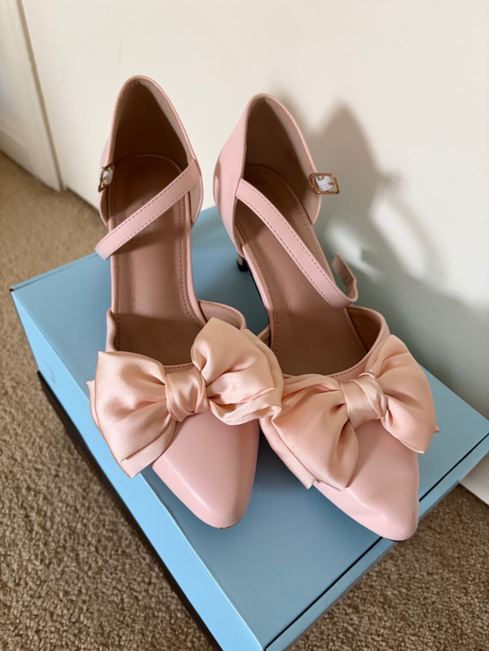 Women’s Blush Pink Bow Pointed-Toe Ankle-Strap Heels